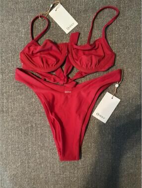 Quince NWT Red Triangle String Bikini Top SMALL Tie Back Halter Top SMALL Bottom